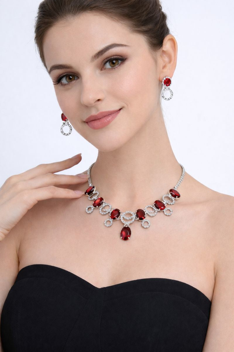 Red Crystal & Silver Designer Necklace Set with Earrings | Elegant Party Jewellery for Women