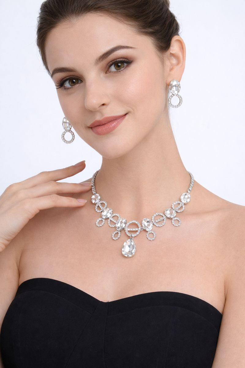 Silver Crystal Drop Necklace Set with Earrings | Elegant Party & Bridal Jewellery
