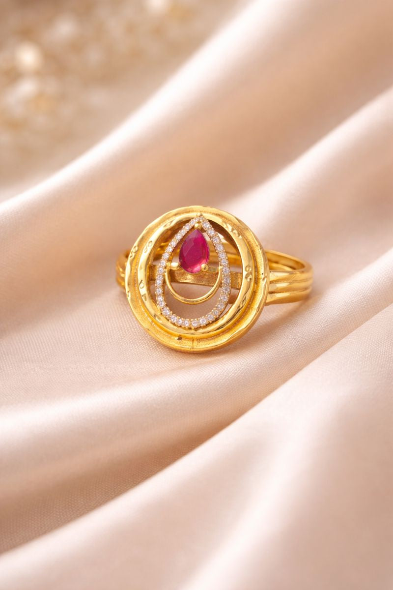 Gold-Plated Ruby Teardrop Artificial Ring with stone work Detailing