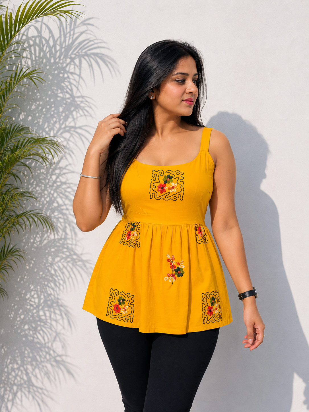 Mustard Yellow Floral Embroidered Peplum Top for Women | Summer Cotton Sleeveless Camisole Top