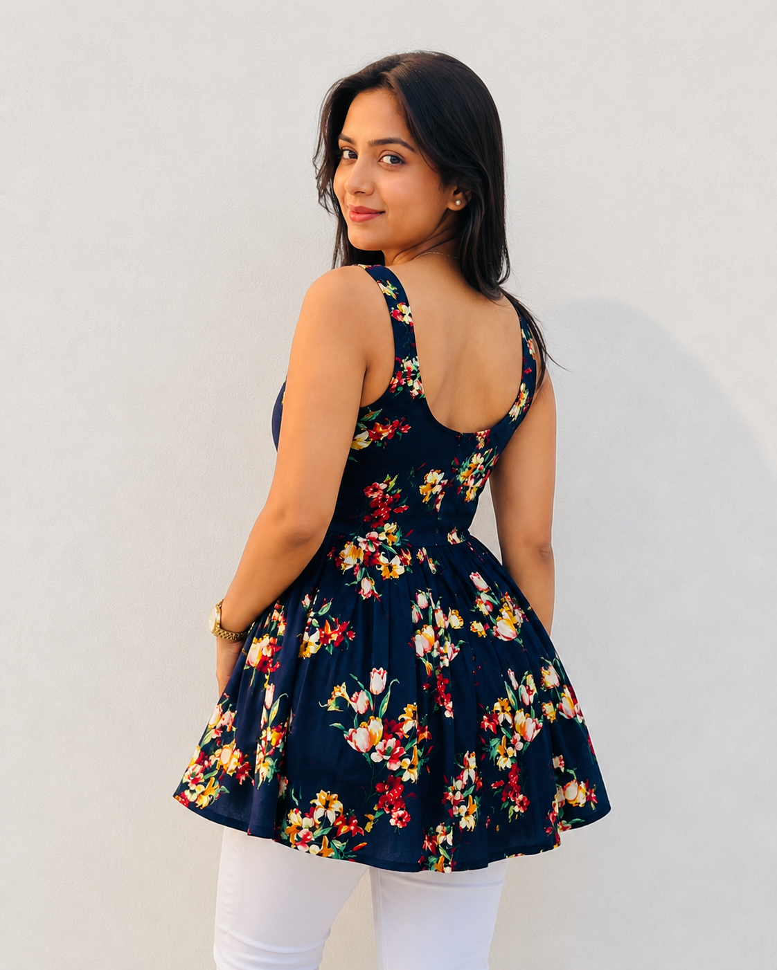Women’s Navy Blue Floral Sleeveless Peplum Top | Tie-Up Back Casual Summer Tunic