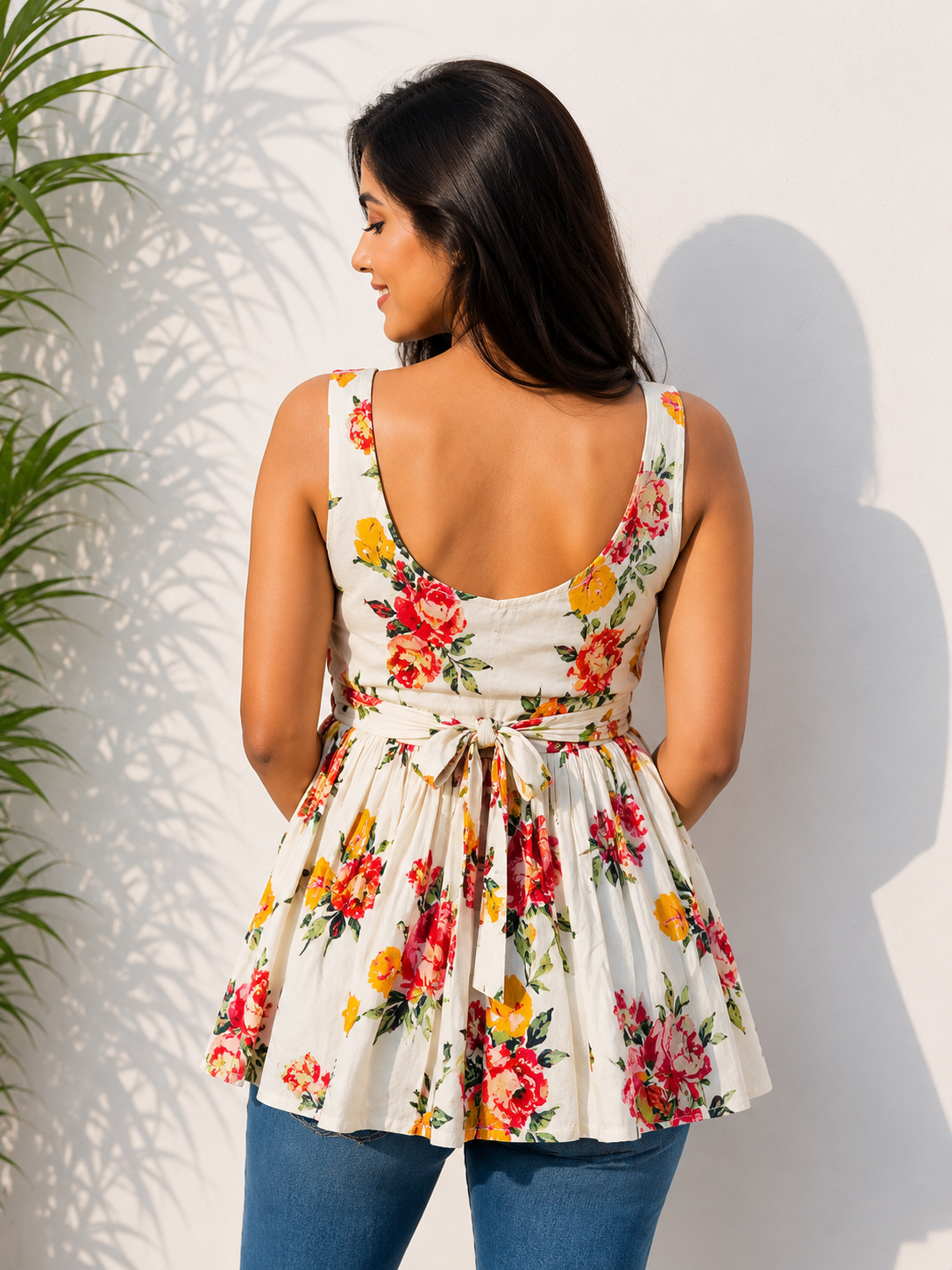 Women’s White Floral Sleeveless Peplum Top | Tie-Up Back Casual Summer Tunic
