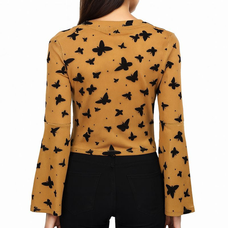 Mustard Yellow Butterfly Print Crop Top with Flared Sleeves for Women