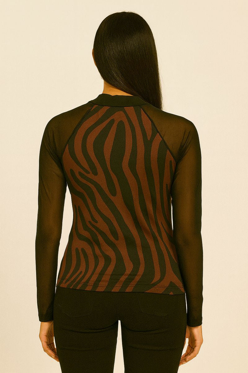 Brown Printed Ruched High Neck Top with Sheer Full Sleeves for Women