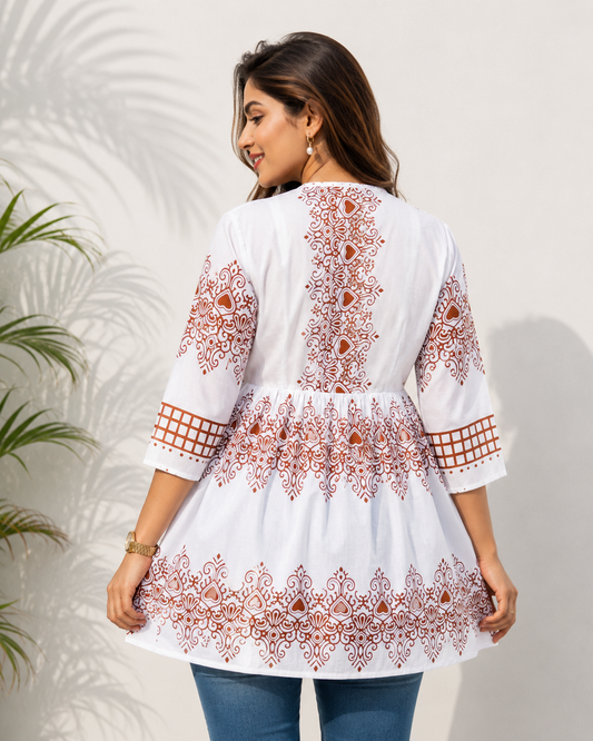 White & Brown Printed Cotton Peplum Top for Women | Casual Fusion Wear