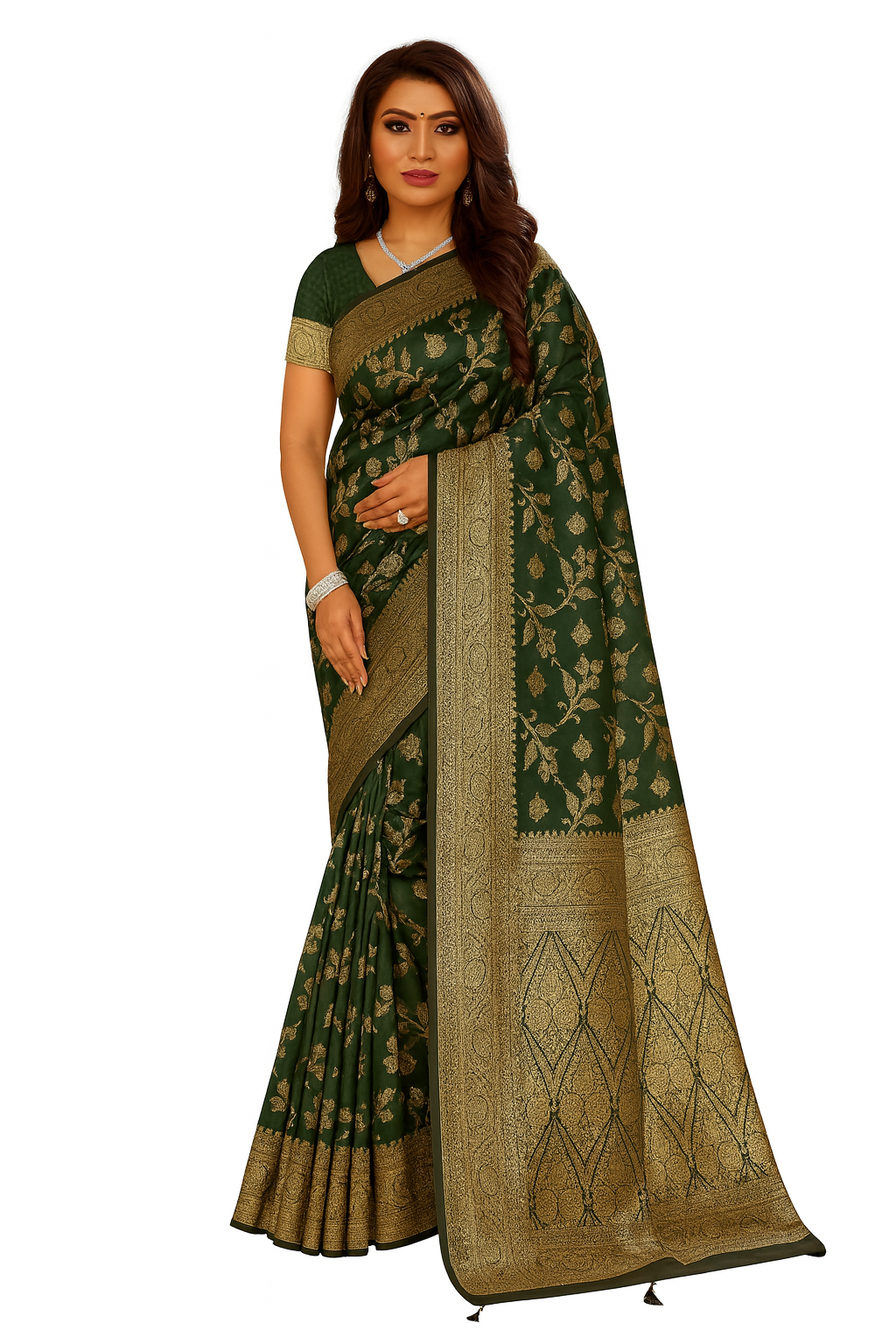 Elegant teal-blue saree with golden zari work, perfect for celebrations.