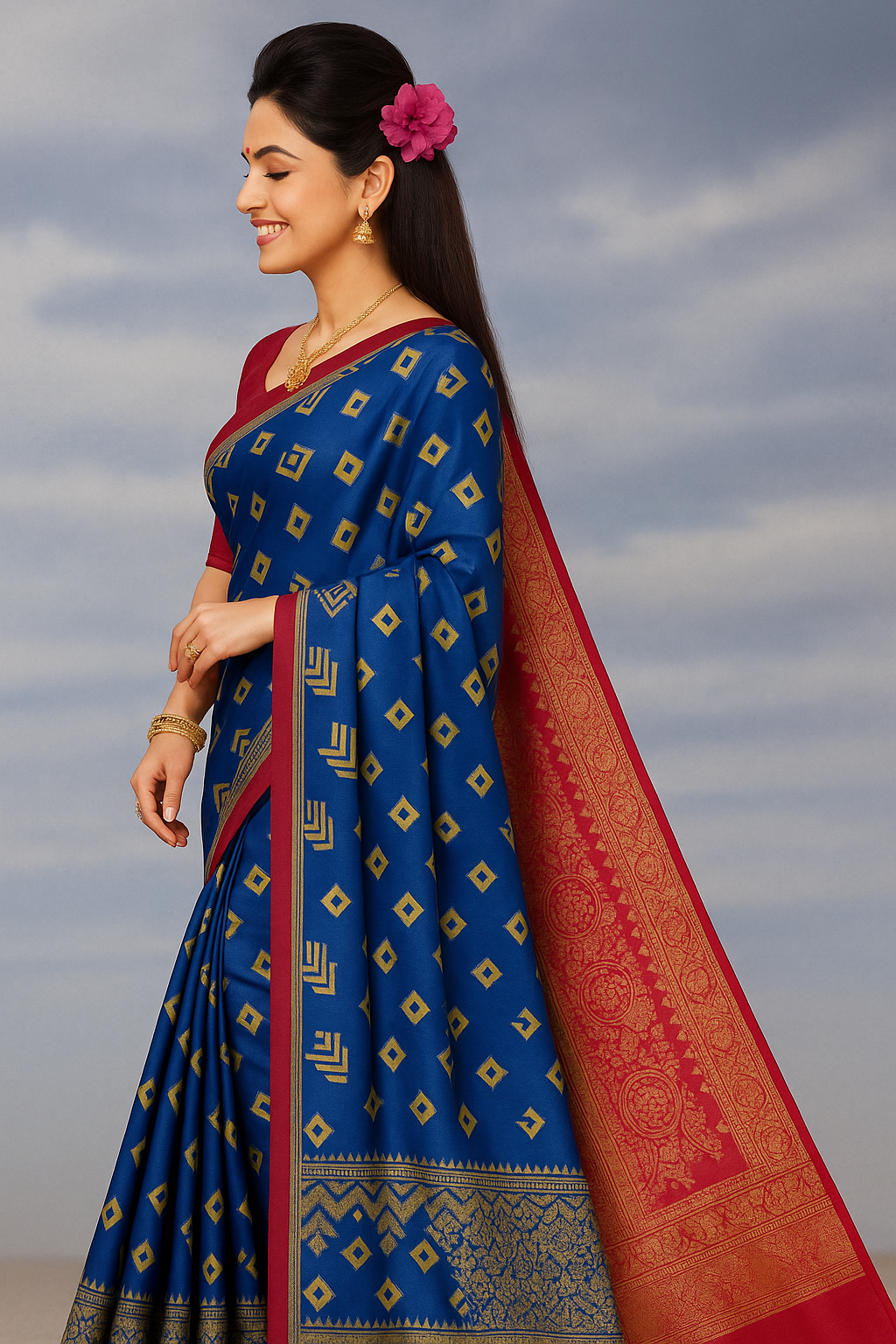 Blue & Red Silk Saree with Golden Zari Work and Blouse Piece