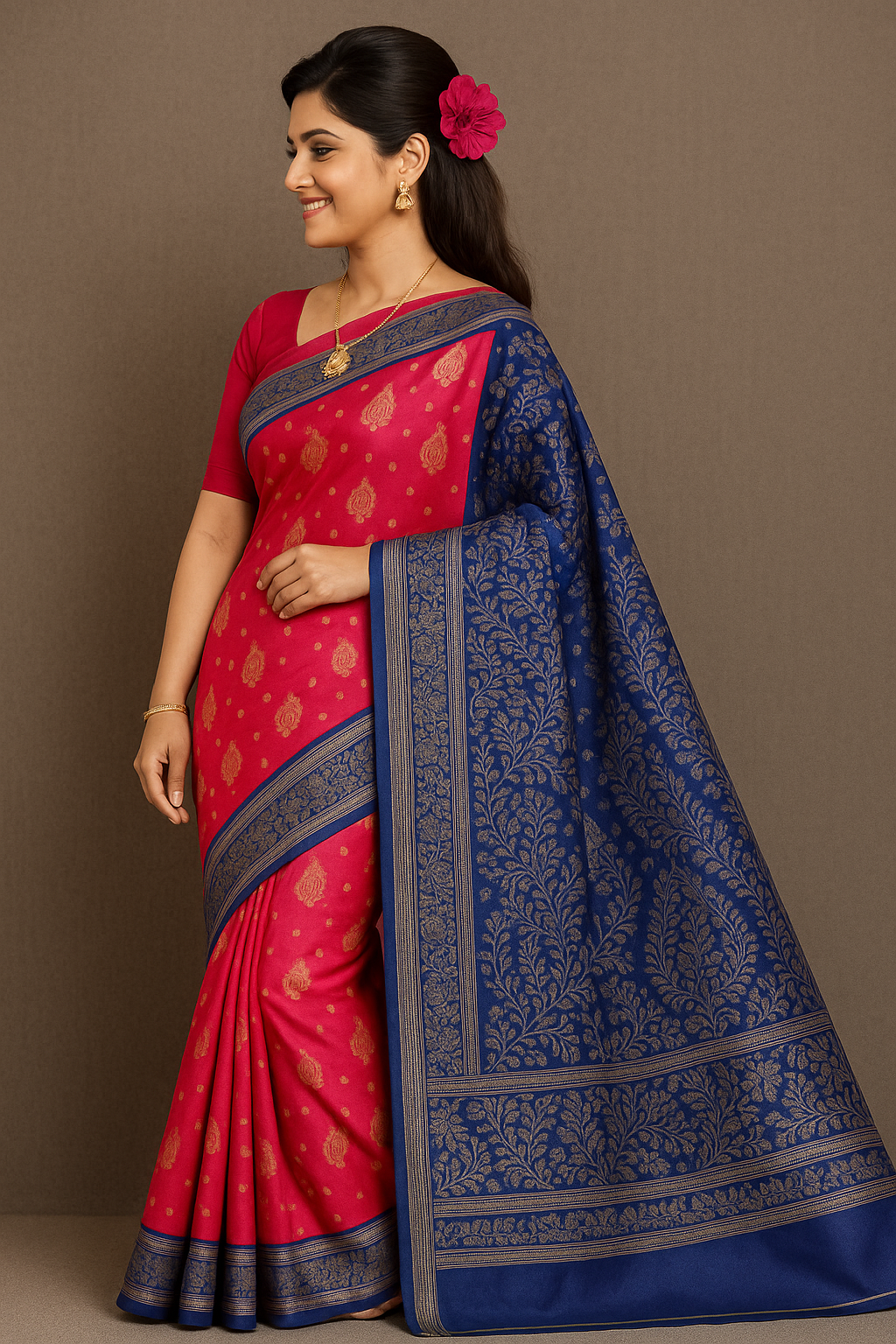 Red & Navy Blue Silk Saree with Golden Zari Weaving and Blouse Piece