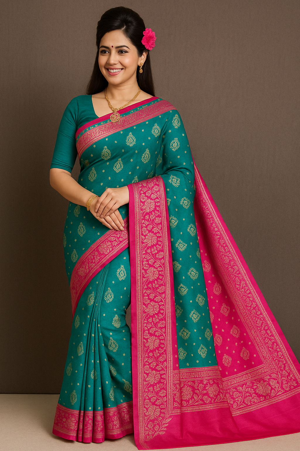 Red & Green Silk Saree with Golden Zari Weaving and Blouse Piece