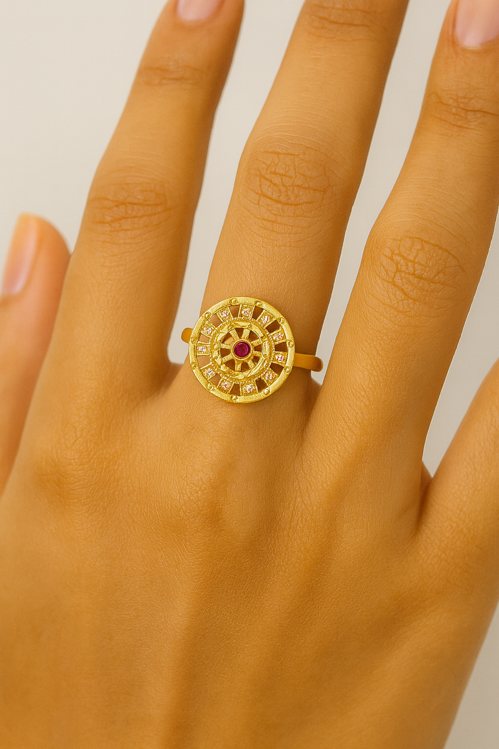 Golden Ruby Charm Artificial Adjustable Ring for Women | Elegant Party Wear Ring