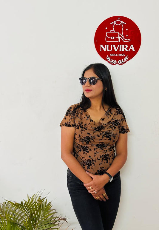 Brown Floral Print Cowl Neck Top with Short Sleeves for Women