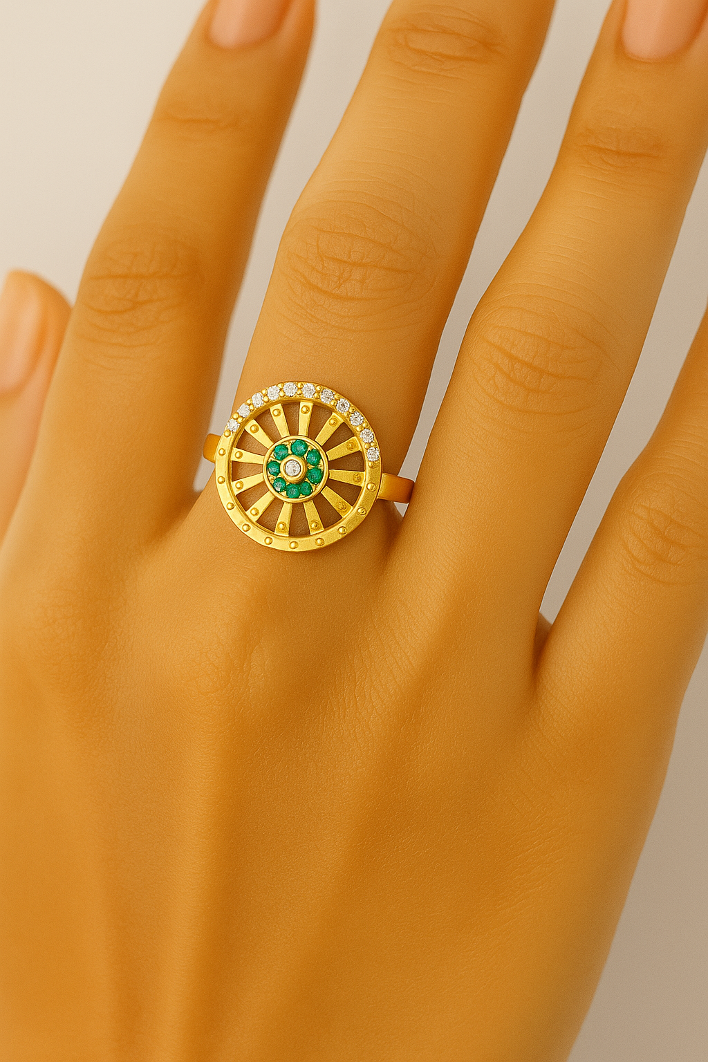 Adjustable Gold Plated Artificial Finger Ring for Women | Green CZ Circular Statement Ring