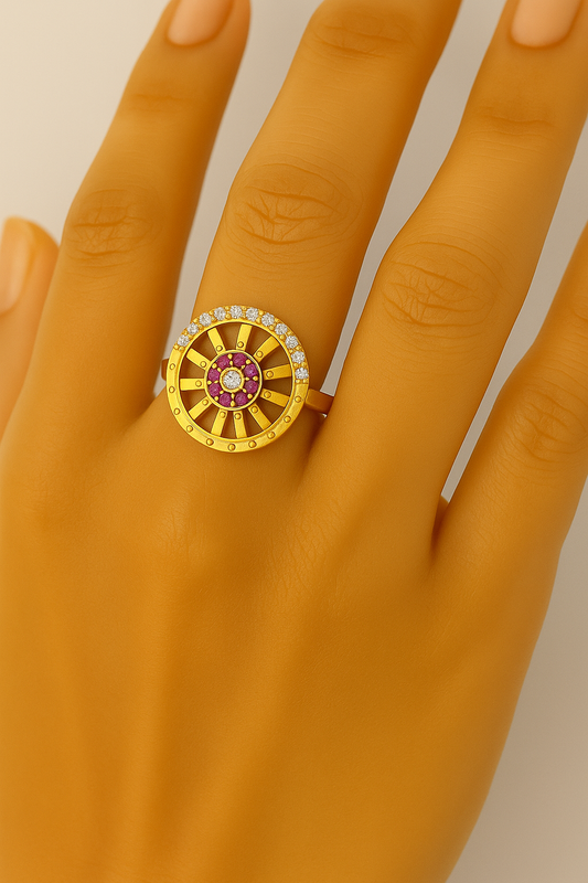 Adjustable Gold Plated Artificial Finger Ring for Women | Pink CZ Circular Statement Ring