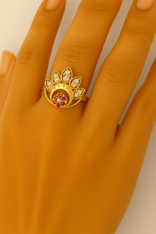 Golden  Medium Size Artificial Finger Ring for Women | Lotus Design CZ & Pink Stone Ring