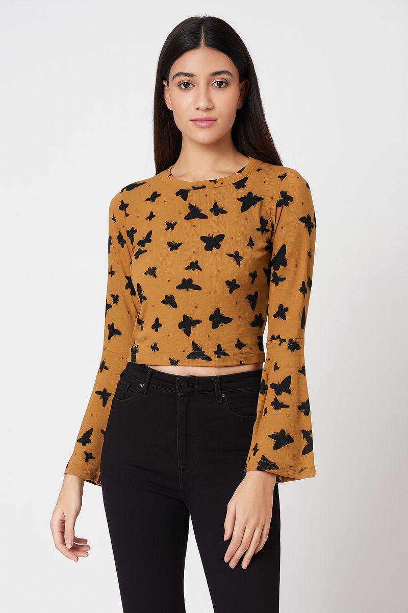 Mustard Yellow Butterfly Print Crop Top with Flared Sleeves for Women
