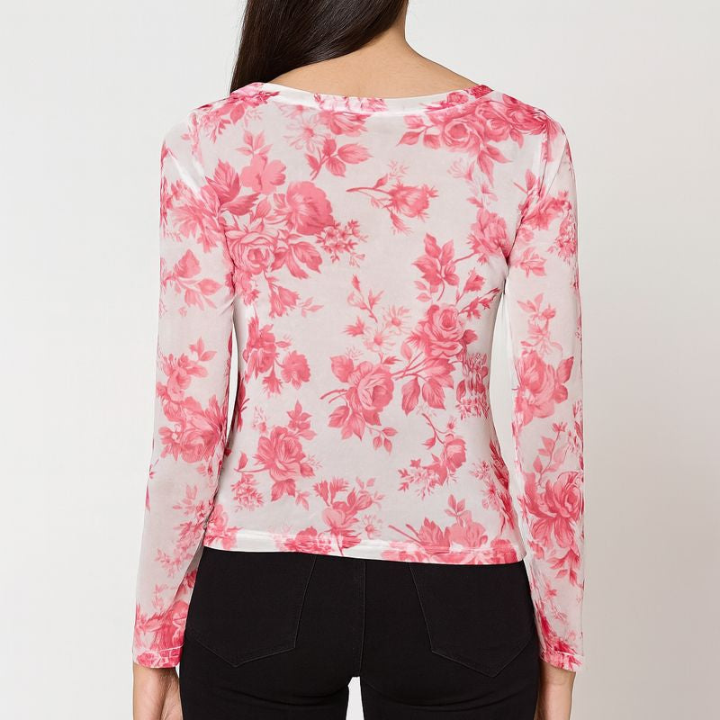 White & Pink Floral Print Cowl Neck Full Sleeve Top for Women