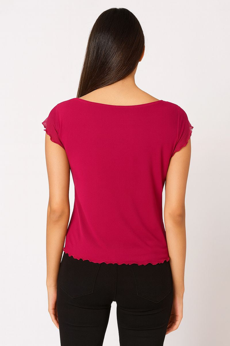 Magenta Cowl Neck Solid Top with Cap Sleeves for Women