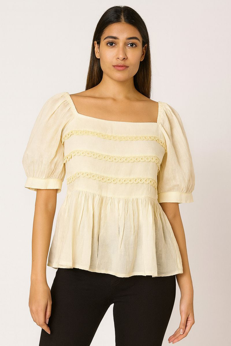 Ivory Square Neck Peplum Top with Puff Sleeves for Women