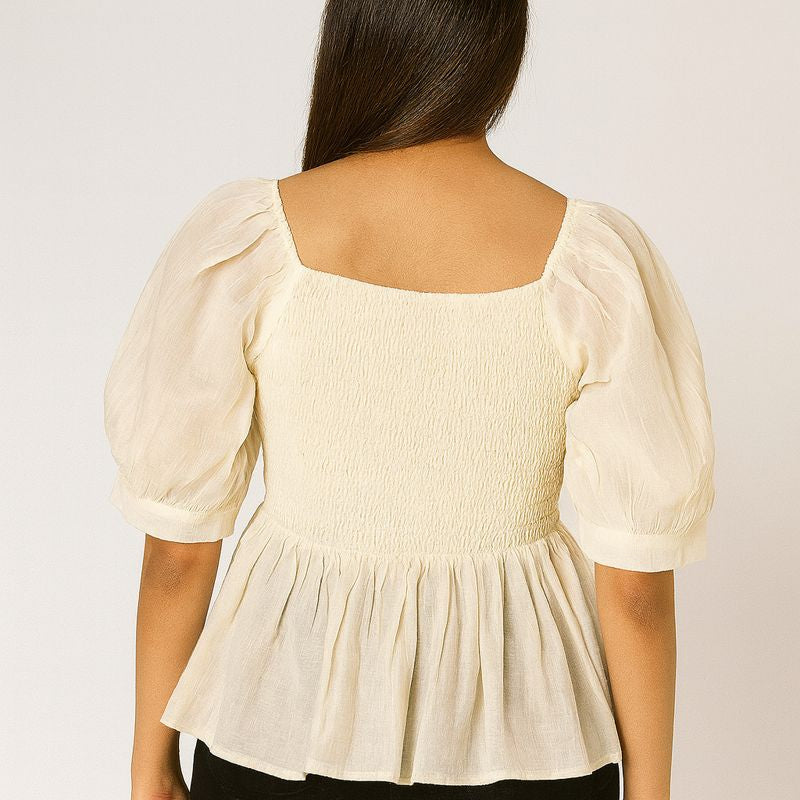 Ivory Square Neck Peplum Top with Puff Sleeves for Women