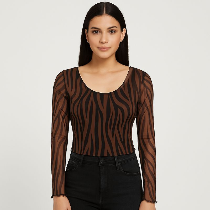 Brown Zebra Print Mesh Top with Scoop Neck & Full Sleeves for Women