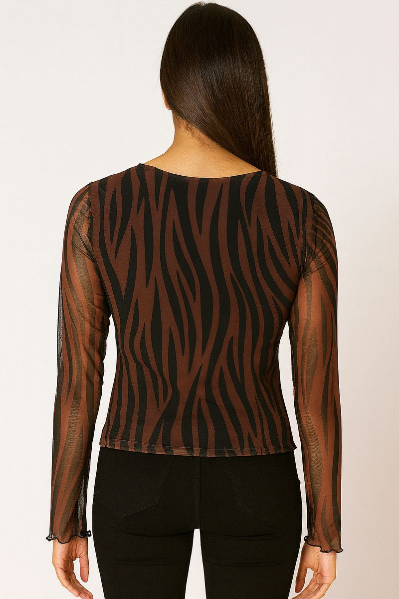 Brown Zebra Print Mesh Top with Scoop Neck & Full Sleeves for Women