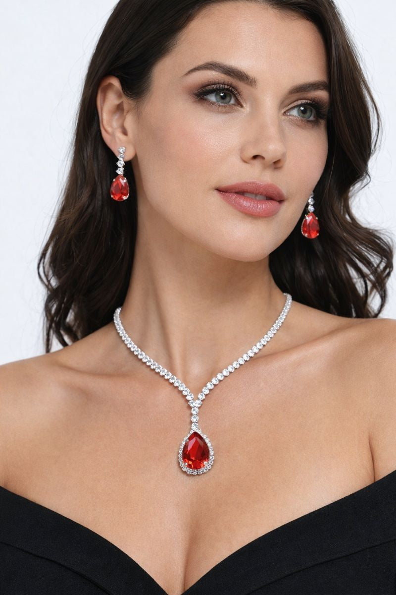 Red Stone Silver Necklace Set