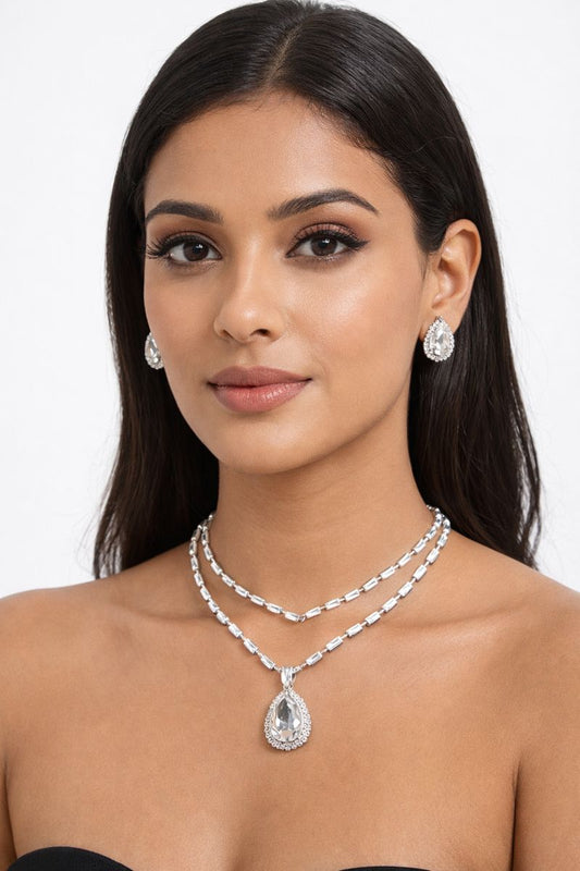 Silver Layered Crystal Pendant Necklace Set with Earrings | Elegant Party Jewellery