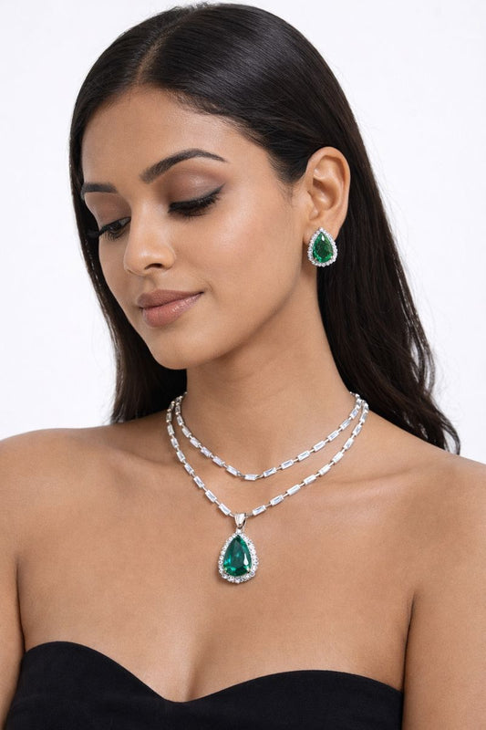 Green Crystal Teardrop Pendant Necklace Set with Earrings | Silver Party Jewellery