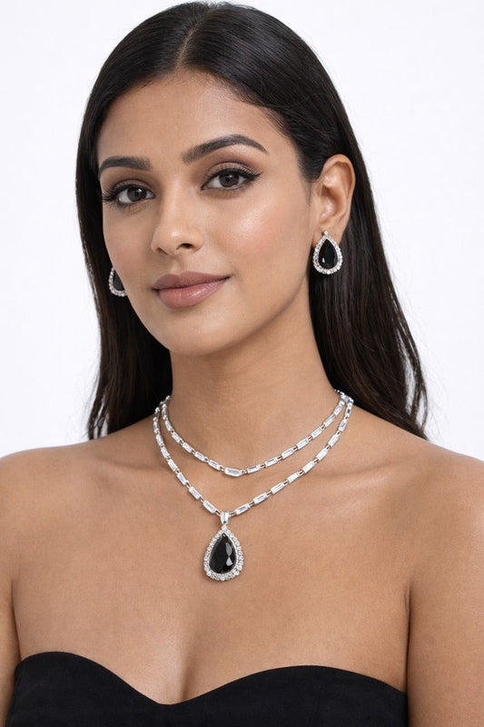 Black Crystal Pendant Necklace Set with Earrings | Silver Elegant Party Jewellery