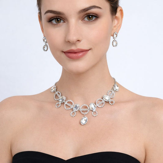 Silver Crystal Designer Necklace Set with Earrings | Elegant Party & Bridal Jewellery