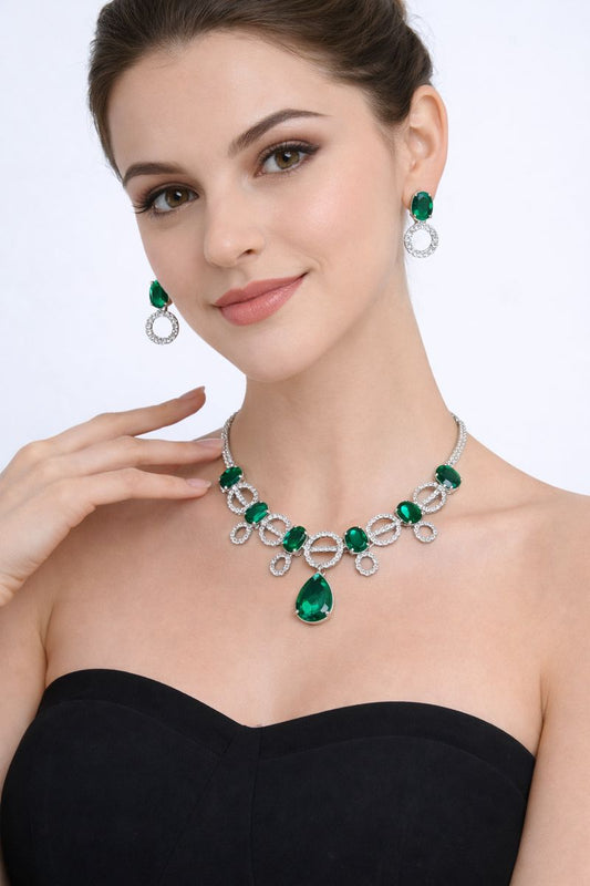 Green Emerald-Style Crystal Necklace Set with Earrings | Silver Party & Bridal Jewellery