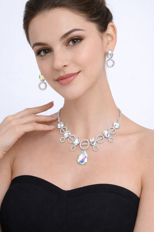 Rainbow Crystal Drop Necklace Set with Earrings | Silver Party & Bridal Jewellery