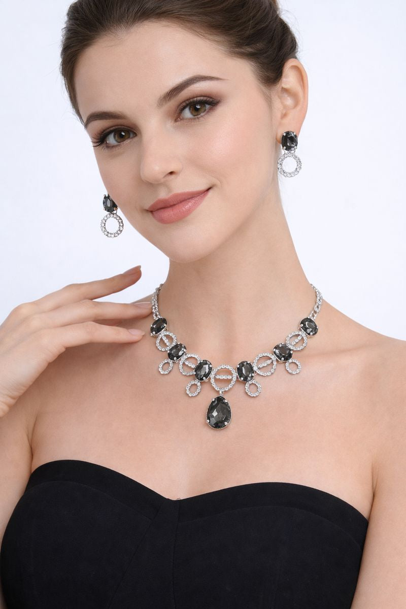 Black Crystal Drop Necklace Set with Earrings | Silver Party & Evening Jewellery