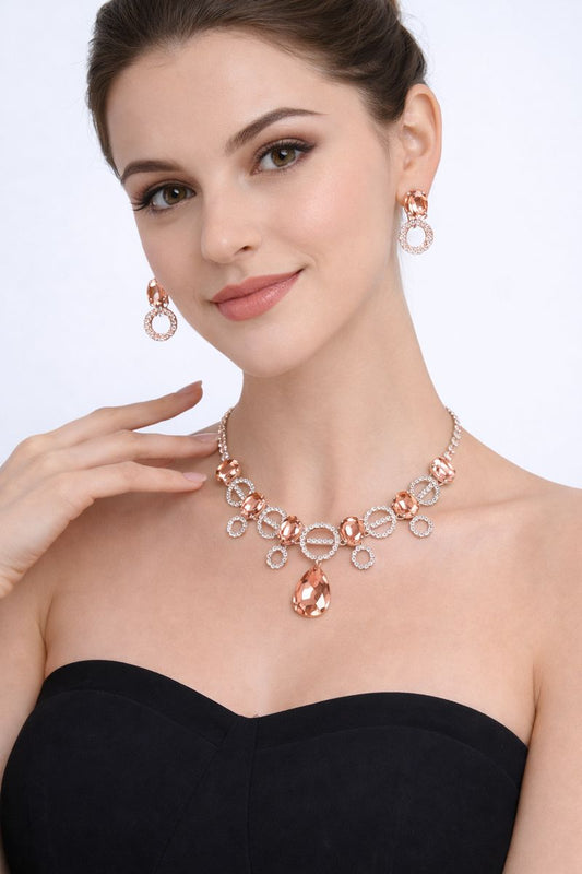 Rose Gold Crystal Drop Necklace Set with Earrings | Elegant Party Jewellery for Women