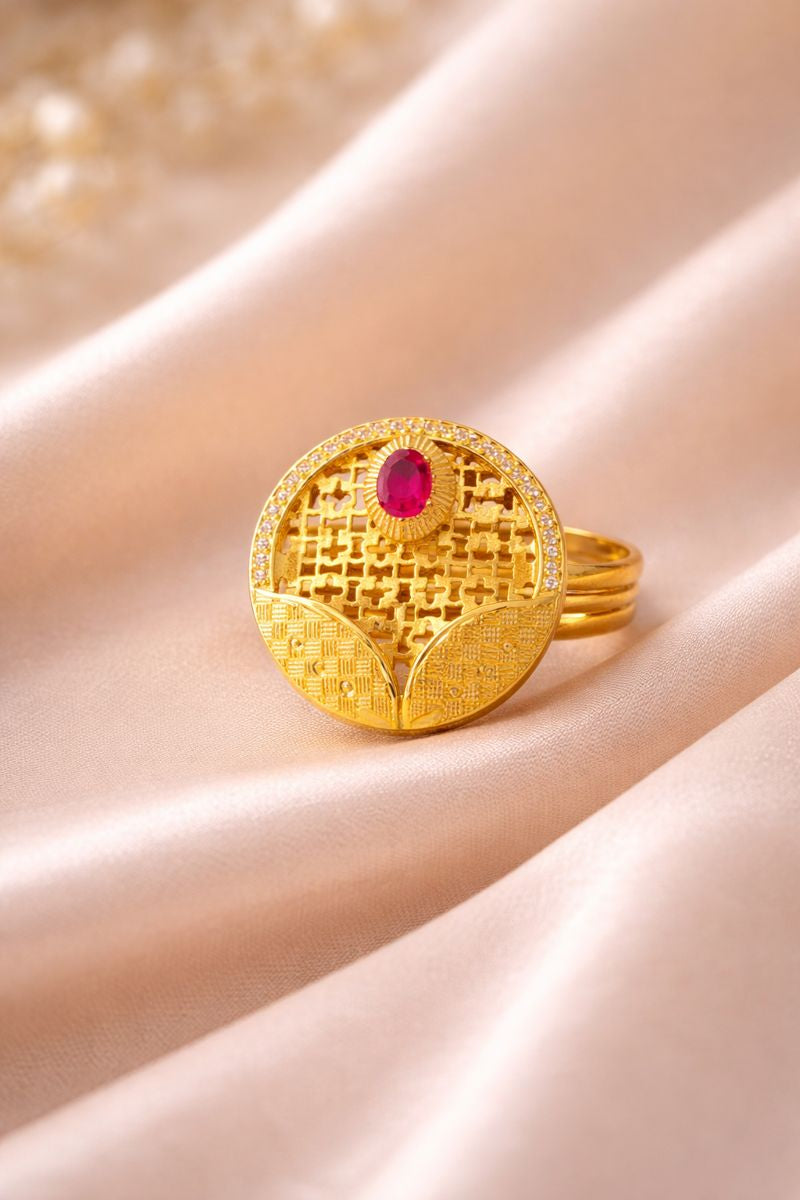 Gold-Plated Ruby Accent Artificial Statement Ring with Intricate Design