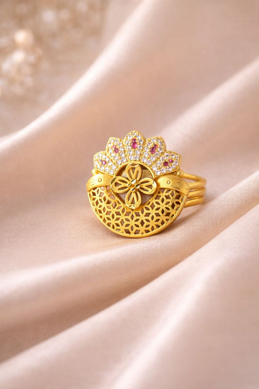 Gold-Plated Floral Motif Artificial Statement Ring with Pink Stone Detailing