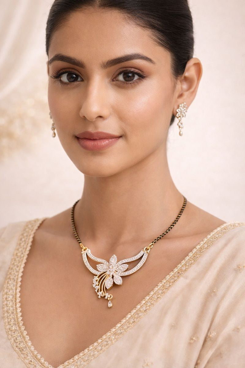 Designer Gold-Tone Artificial Mangalsutra with Floral Diamond Pendant | Modern Wedding Jewellery