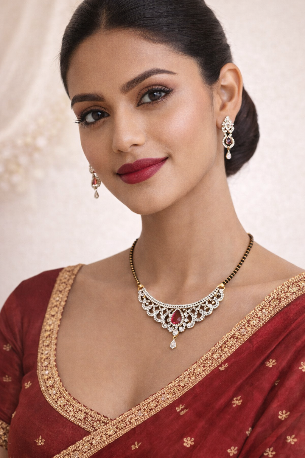 Gold-Tone Artificial Mangalsutra with Red Stone Diamond Pendant | Traditional Bridal Jewellery