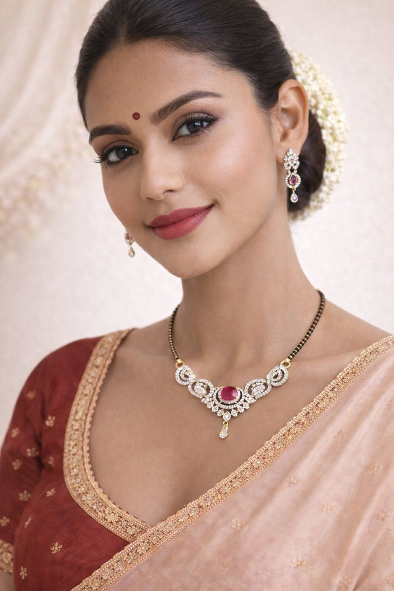 Designer Gold-Tone Artificial Mangalsutra with Red Stone Diamond Pendant | Bridal & Festive Jewellery