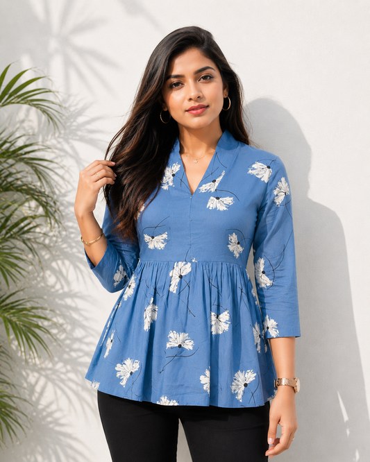 Blue Floral Print Peplum Top for Women | Cotton 3/4 Sleeve Casual Summer Tunic