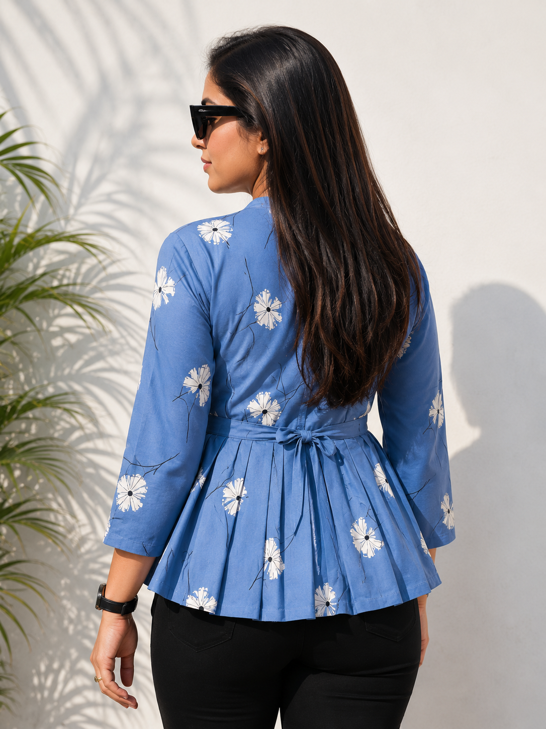 Blue Floral Print Peplum Top for Women | Cotton 3/4 Sleeve Casual Summer Tunic