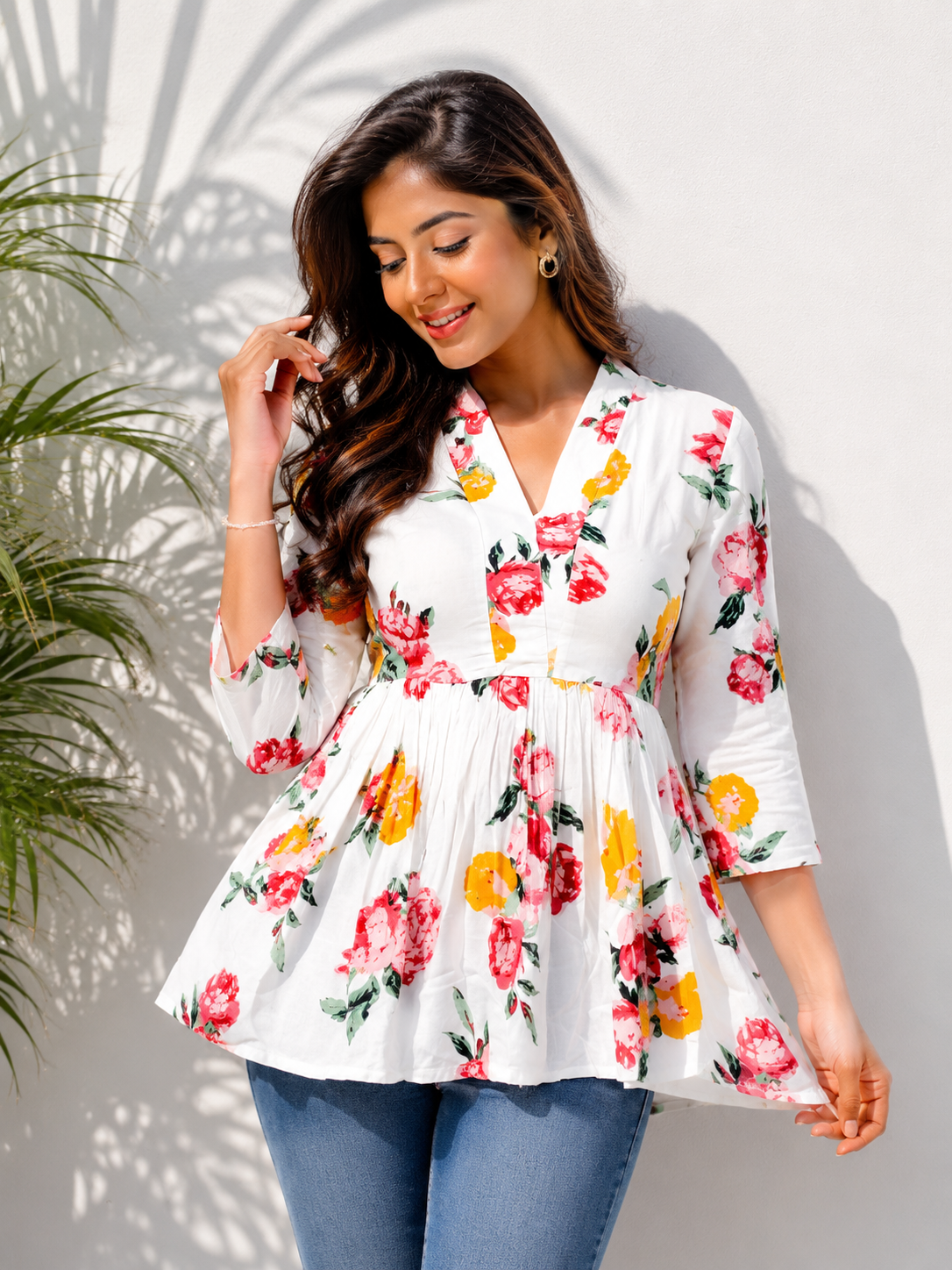 Multicolor Floral Print Peplum Top for Women | Cotton 3/4 Sleeve Casual Summer Tunic with Tie-Up Back