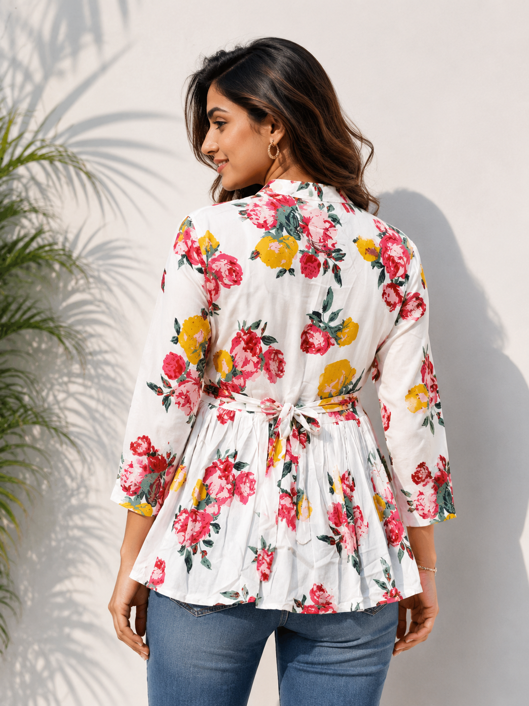 White Rose Floral Print Peplum Top for Women | Cotton 3/4 Sleeve Casual Summer Tunic with Tie-Up Back