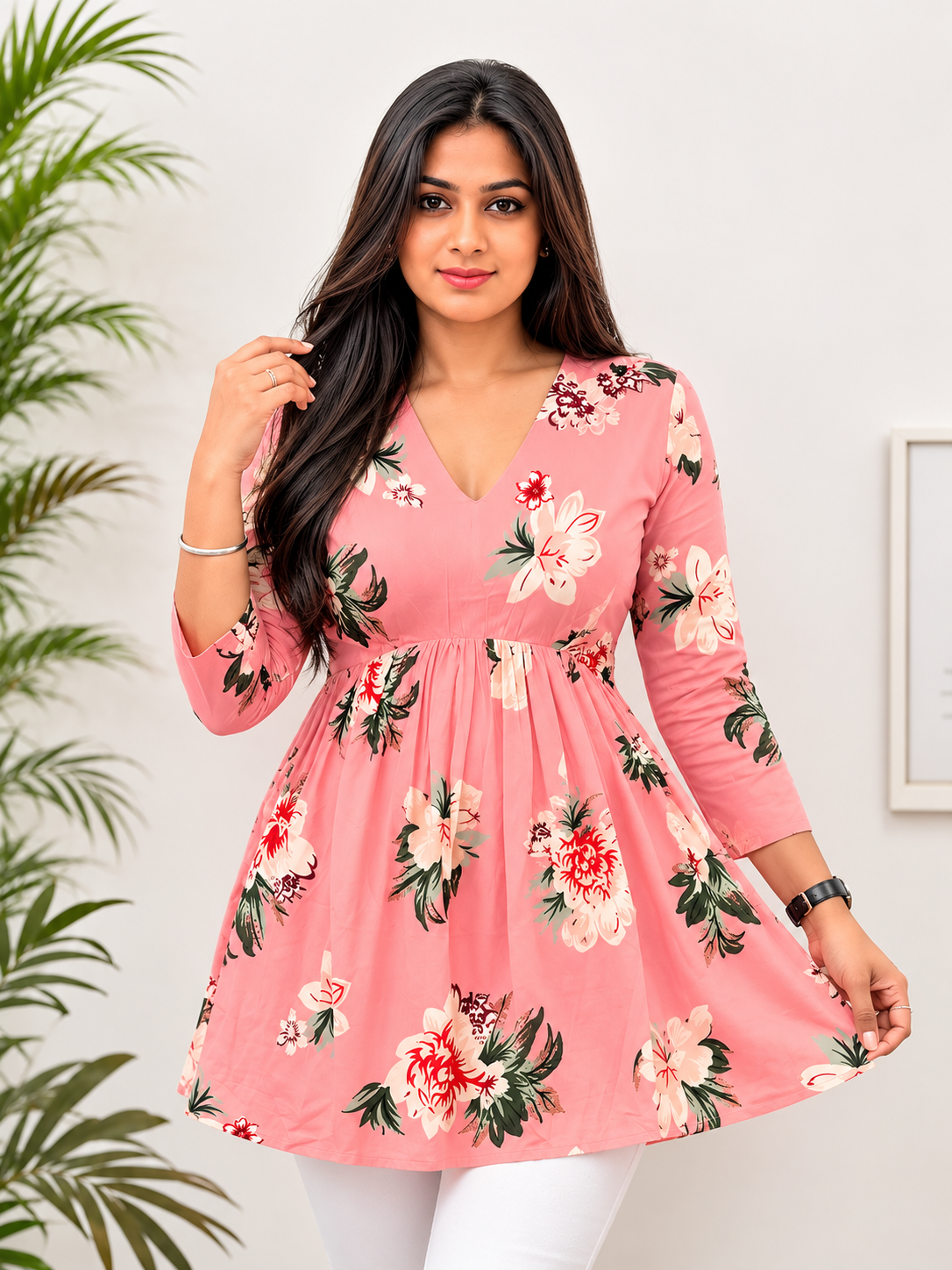 Women’s Peach Floral Printed V-Neck Short Kurti Top | Casual & Office Wear Tunic