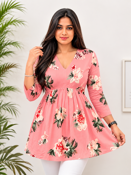 Women’s Peach Floral Printed V-Neck Short Kurti Top | Casual & Office Wear Tunic