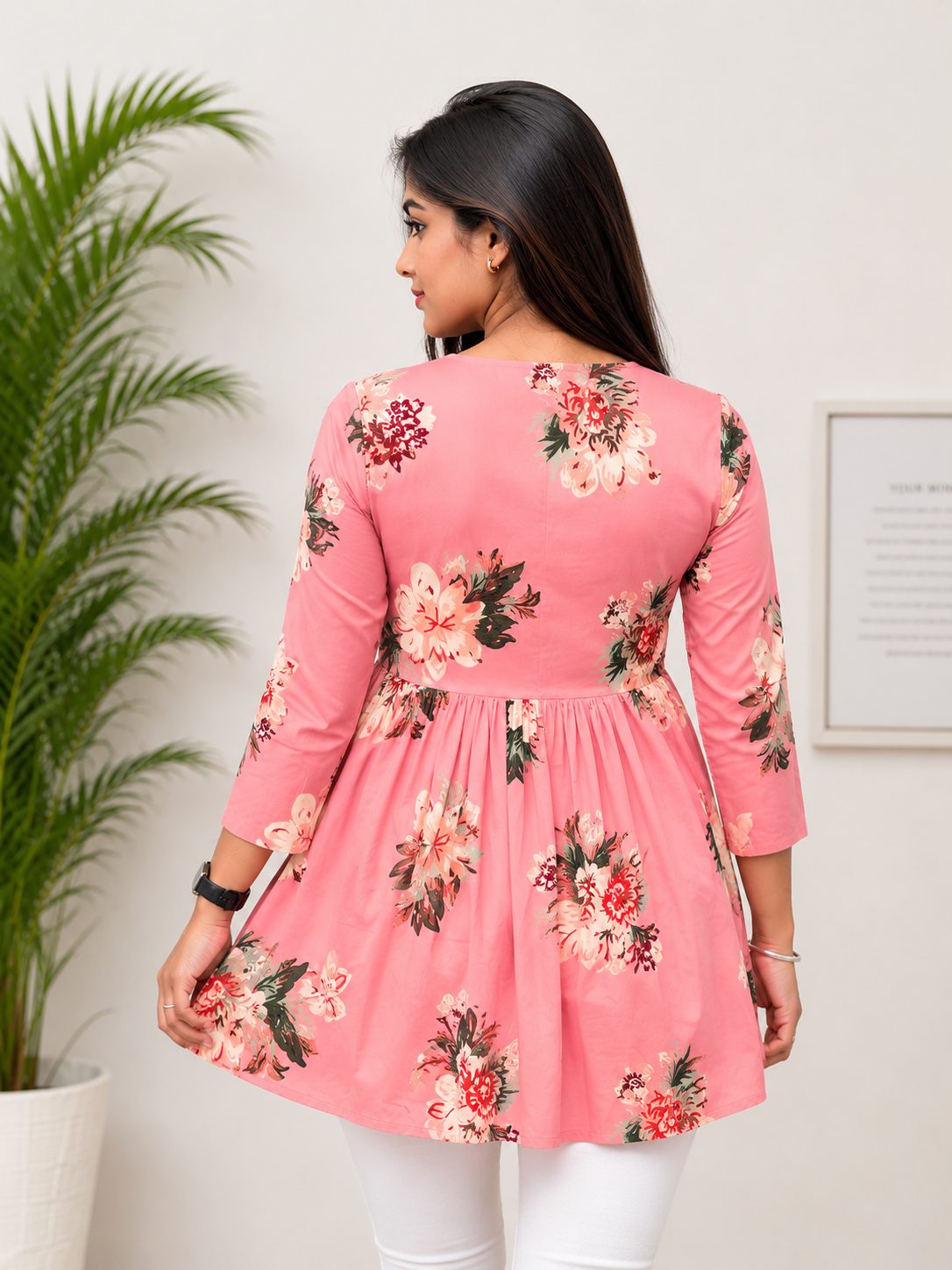 Women’s Peach Floral Printed V-Neck Short Kurti Top | Casual & Office Wear Tunic