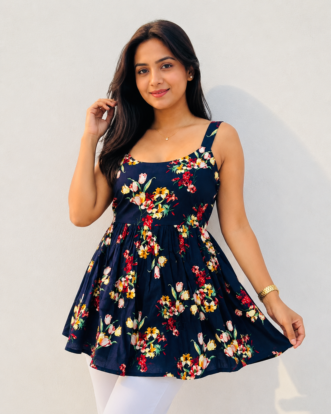 Women’s Navy Blue Floral Sleeveless Peplum Top | Tie-Up Back Casual Summer Tunic