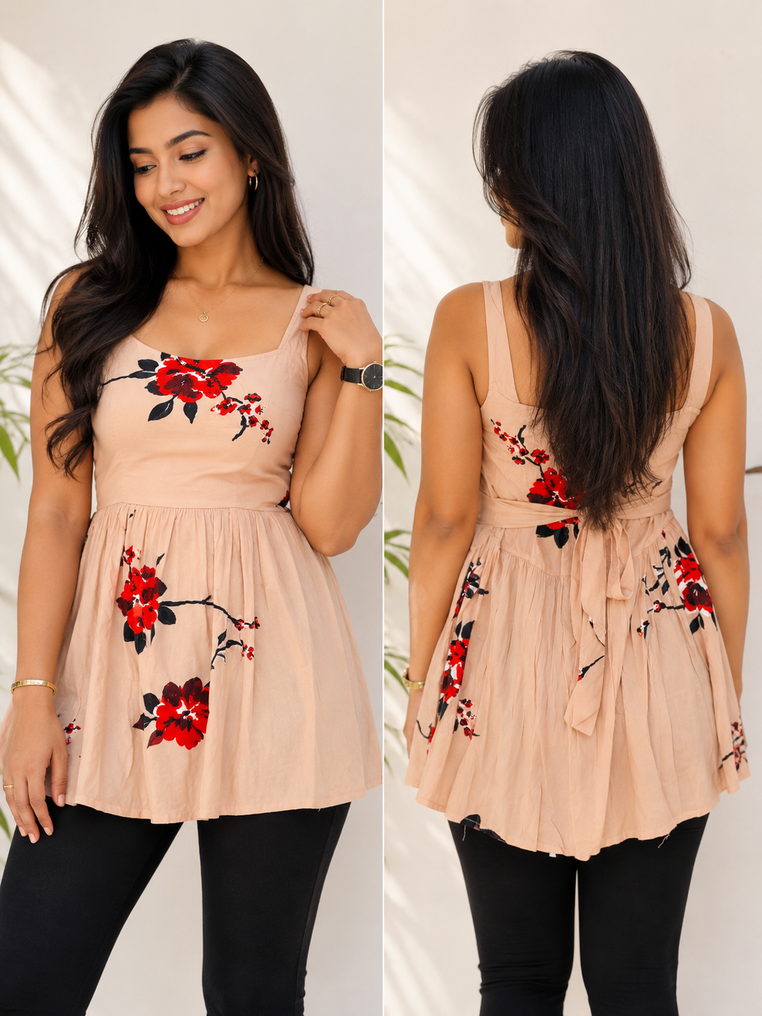 Women’s Beige Floral Sleeveless Peplum Top | Tie-Up Back Casual Summer Tunic