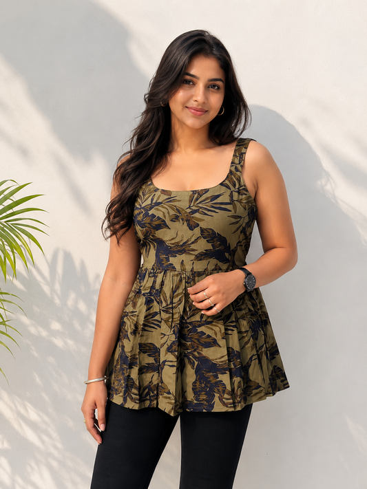 Women’s Olive Green Floral Sleeveless Peplum Top | Tie-Up Back Casual Summer Tunic