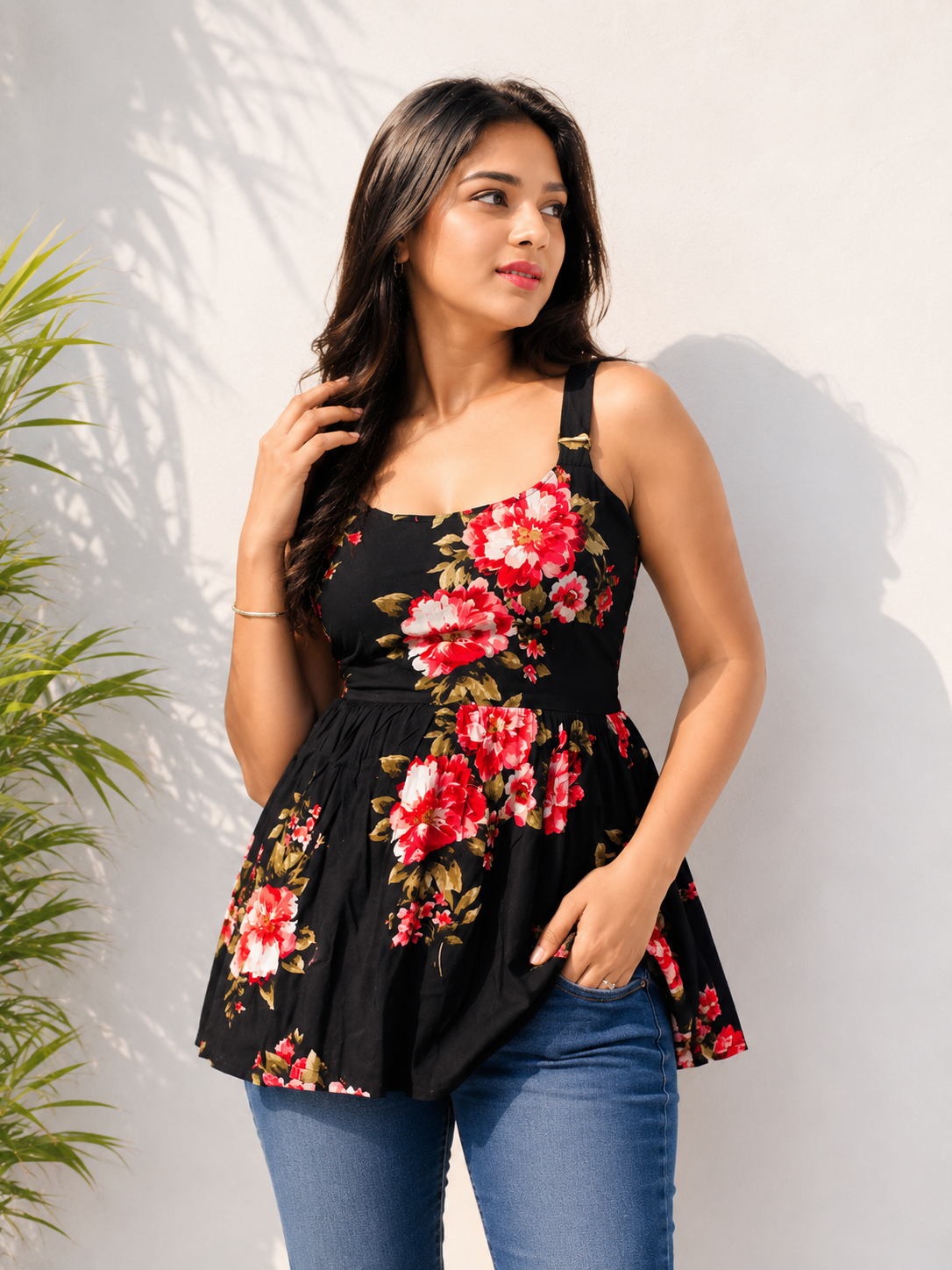 Women’s Black Floral Sleeveless Peplum Top | Tie-Up Back Casual Summer Tunic